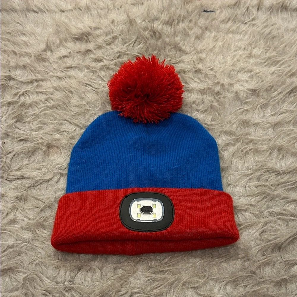 NWOT Night Scout Blue‎ and Red Light Beanie with Pom Pom